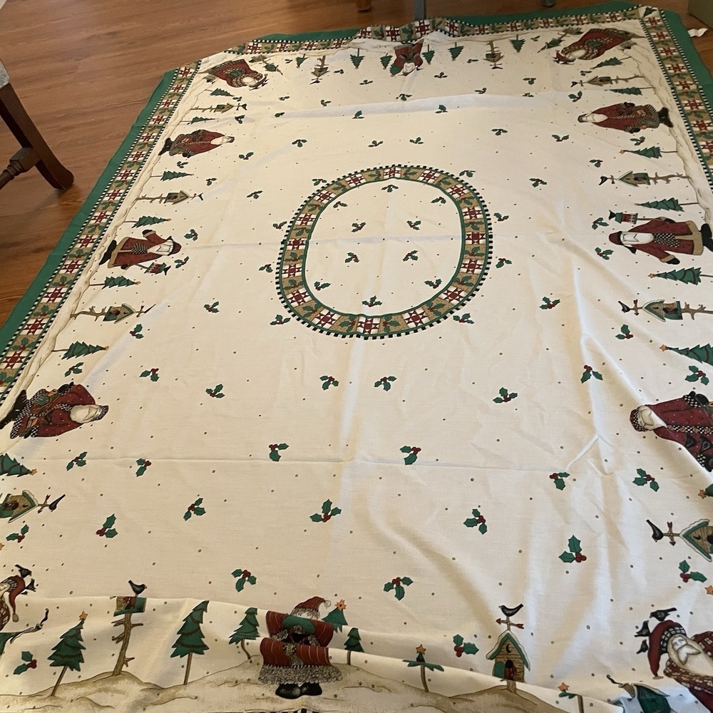 Vintage Debbie Mumm Christmas Plaid Santa Tablecloth 60x86 Folk Art Cottage